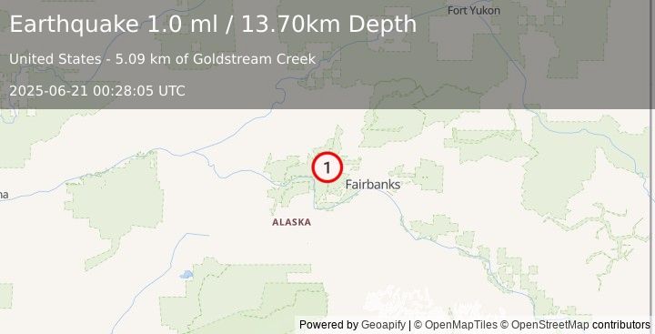 Earthquake 29 km ESE of Minto, Alaska (1.0 ml) (2025-06-21 00:28:05 UTC)