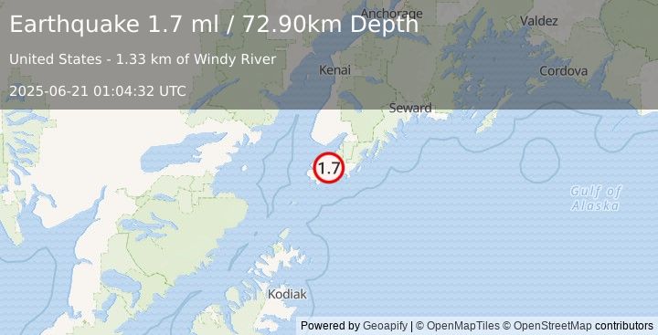 Earthquake 18 km SE of Seldovia Village, Alaska (1.7 ml) (2025-06-21 01:04:32 UTC)