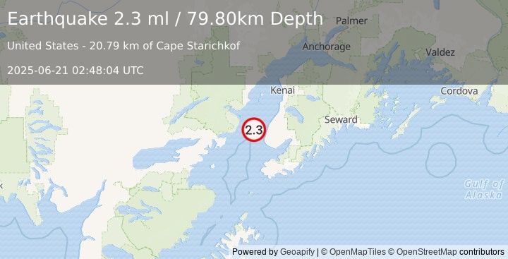Earthquake 23 km W of Happy Valley, Alaska (2.3 ml) (2025-06-21 02:48:04 UTC)