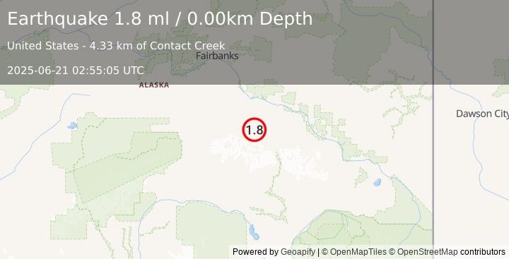 Earthquake 45 km WSW of Delta Junction, Alaska (1.8 ml) (2025-06-21 02:55:05 UTC)