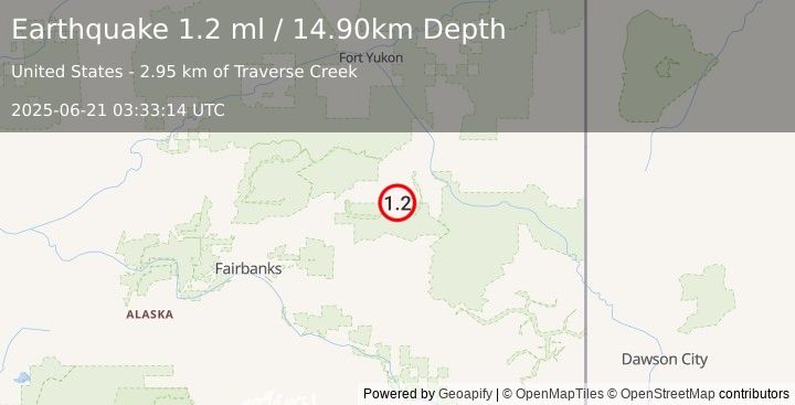 Earthquake 20 km S of Central, Alaska (1.2 ml) (2025-06-21 03:33:14 UTC)