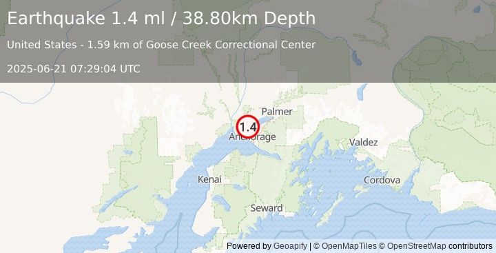 Earthquake 3 km WNW of Point MacKenzie, Alaska (1.4 ml) (2025-06-21 07:29:04 UTC)