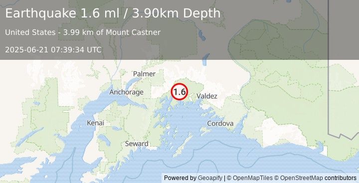 Earthquake 62 km NW of Tatitlek, Alaska (1.6 ml) (2025-06-21 07:39:34 UTC)