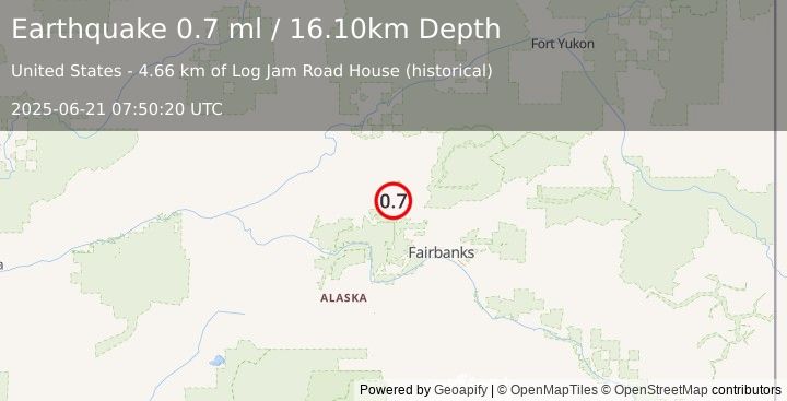 Earthquake 28 km SSW of Livengood, Alaska (0.7 ml) (2025-06-21 07:50:20 UTC)