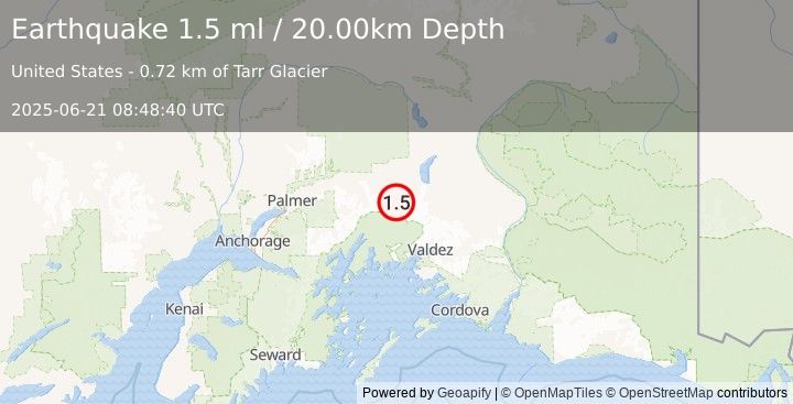 Earthquake 40 km S of Eureka Roadhouse, Alaska (1.5 ml) (2025-06-21 08:48:40 UTC)