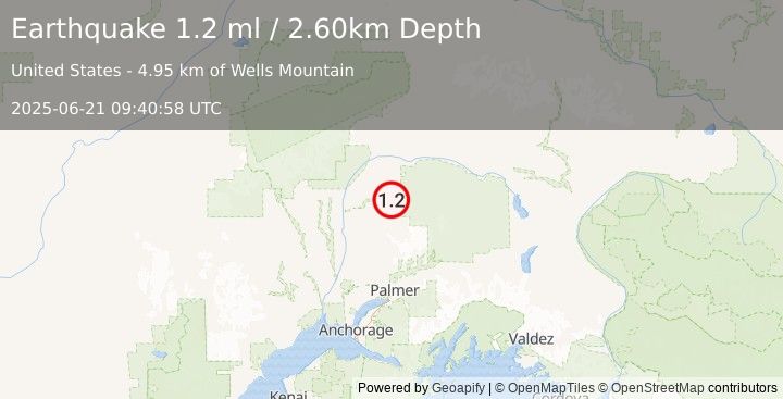 Earthquake 47 km E of Chase, Alaska (1.2 ml) (2025-06-21 09:40:58 UTC)