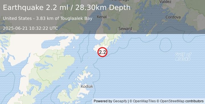 Earthquake 40 km ESE of Port Graham, Alaska (2.2 ml) (2025-06-21 10:32:22 UTC)