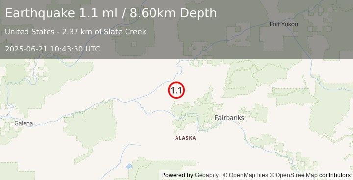 Earthquake 17 km SSE of Rampart, Alaska (1.1 ml) (2025-06-21 10:43:30 UTC)