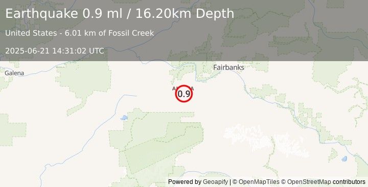 Earthquake 21 km W of Anderson, Alaska (0.9 ml) (2025-06-21 14:31:02 UTC)