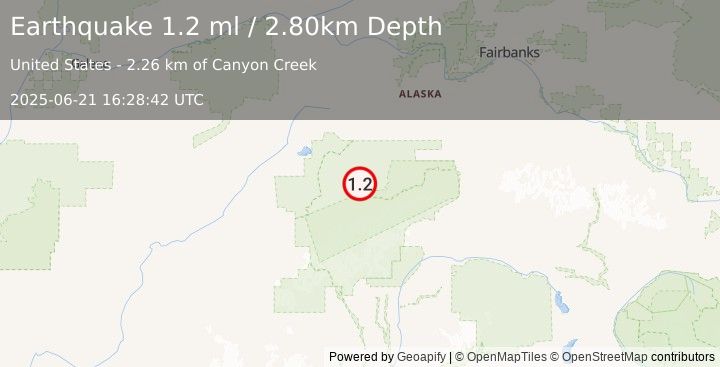 Earthquake 36 km E of Denali National Park, Alaska (1.2 ml) (2025-06-21 16:28:42 UTC)