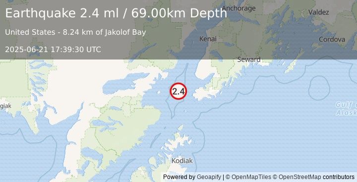 Earthquake 36 km W of Nanwalek, Alaska (2.4 ml) (2025-06-21 17:39:30 UTC)