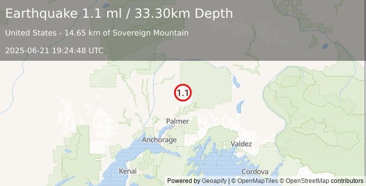 Earthquake 44 km N of Sutton-Alpine, Alaska (1.1 ml) (2025-06-21 19:24:48 UTC)