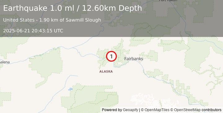 Earthquake 28 km S of Minto, Alaska (1.0 ml) (2025-06-21 20:43:15 UTC)
