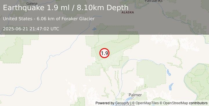 Earthquake 53 km SSE of Denali National Park, Alaska (1.9 ml) (2025-06-21 21:47:02 UTC)