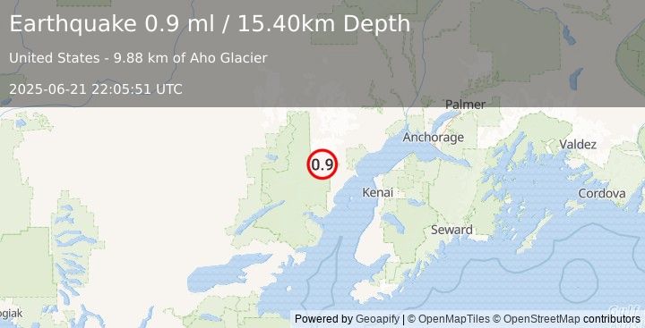 Earthquake 75 km WNW of Nikiski, Alaska (0.9 ml) (2025-06-21 22:05:51 UTC)