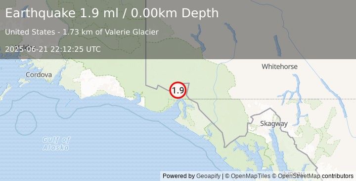 Earthquake 72 km N of Yakutat, Alaska (1.9 ml) (2025-06-21 22:12:25 UTC)