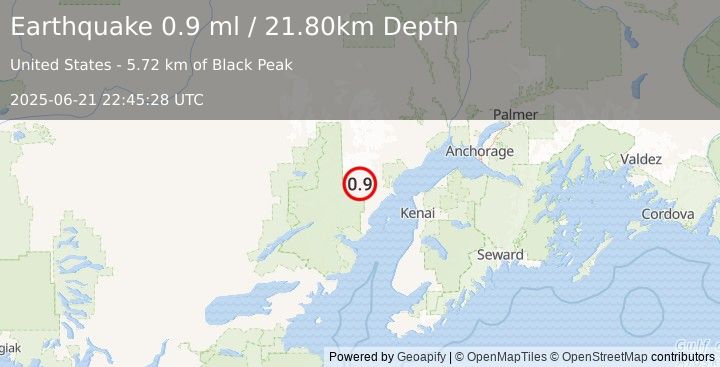 Earthquake 70 km WNW of Nikiski, Alaska (0.9 ml) (2025-06-21 22:45:28 UTC)
