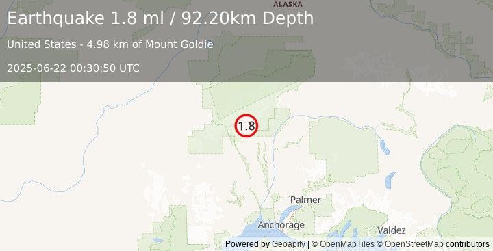 Earthquake 26 km NNW of Petersville, Alaska (1.8 ml) (2025-06-22 00:30:50 UTC)