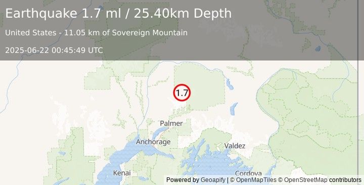 Earthquake 49 km NNW of Chickaloon, Alaska (1.7 ml) (2025-06-22 00:45:49 UTC)