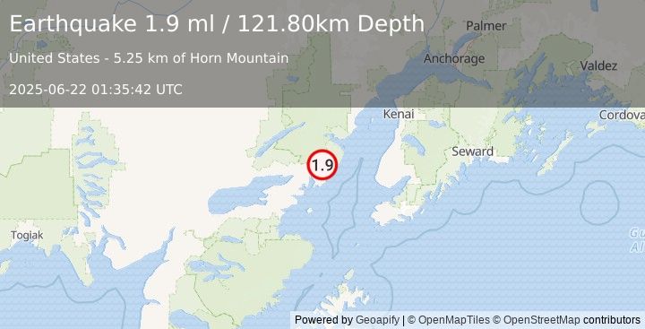 Earthquake 57 km ENE of Pedro Bay, Alaska (1.9 ml) (2025-06-22 01:35:42 UTC)