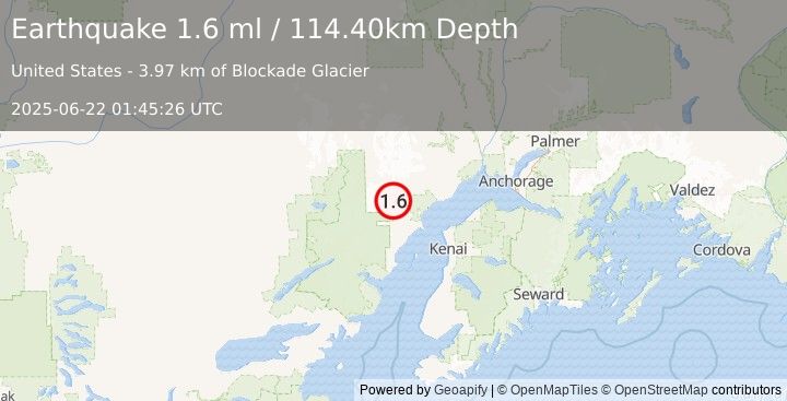 Earthquake 66 km W of Tyonek, Alaska (1.6 ml) (2025-06-22 01:45:26 UTC)