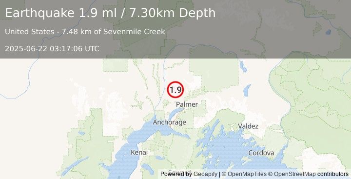Earthquake 27 km NW of Fishhook, Alaska (1.9 ml) (2025-06-22 03:17:06 UTC)