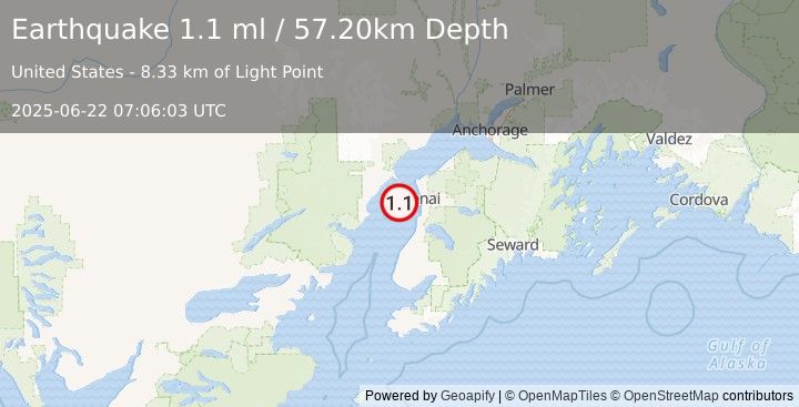 Earthquake 23 km WNW of Kalifornsky, Alaska (1.1 ml) (2025-06-22 07:06:03 UTC)