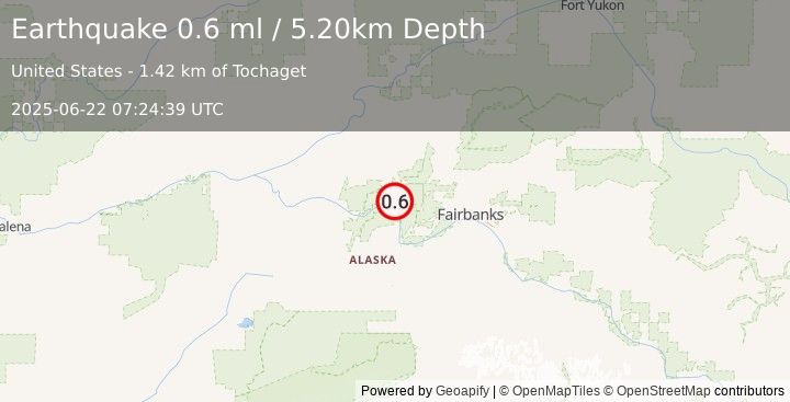 Earthquake 23 km SSE of Minto, Alaska (0.6 ml) (2025-06-22 07:24:39 UTC)