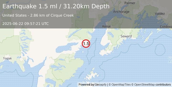Earthquake 54 km E of Pedro Bay, Alaska (1.5 ml) (2025-06-22 09:57:21 UTC)