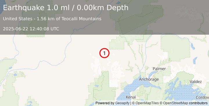Earthquake 98 km W of Skwentna, Alaska (1.0 ml) (2025-06-22 12:40:08 UTC)