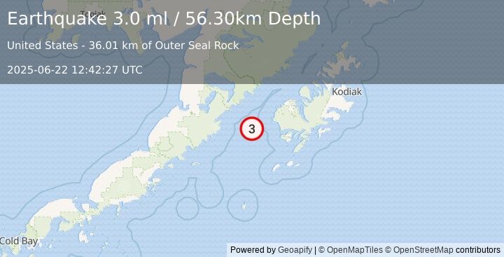 Earthquake 71 km SW of Karluk, Alaska (3.0 ml) (2025-06-22 12:42:27 UTC)