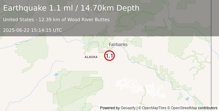 Earthquake 36 km ESE of Nenana, Alaska (1.1 ml) (2025-06-22 15:14:15 UTC)