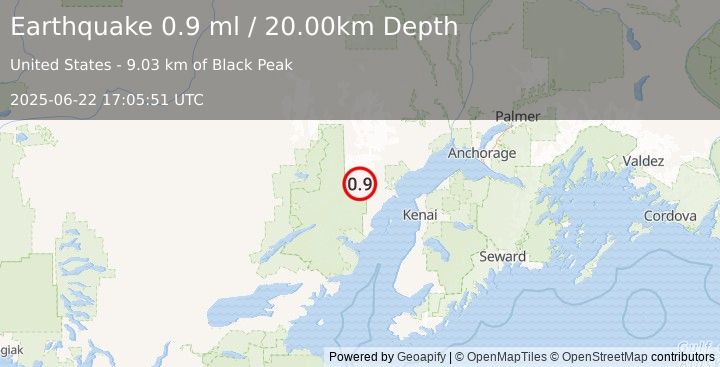 Earthquake 73 km WNW of Nikiski, Alaska (0.9 ml) (2025-06-22 17:05:51 UTC)
