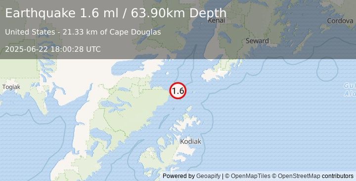 Earthquake 73 km SW of Nanwalek, Alaska (1.6 ml) (2025-06-22 18:00:28 UTC)