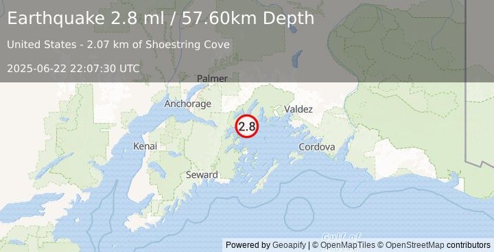 Earthquake 38 km ENE of Whittier, Alaska (2.8 ml) (2025-06-22 22:07:30 UTC)