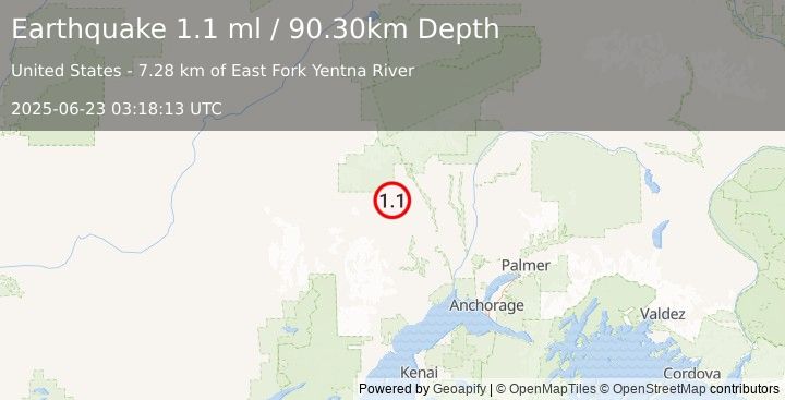 Earthquake 32 km NW of Skwentna, Alaska (1.1 ml) (2025-06-23 03:18:13 UTC)