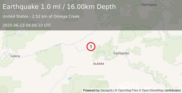 Earthquake 16 km ENE of Manley Hot Springs, Alaska (1.0 ml) (2025-06-23 04:09:10 UTC)