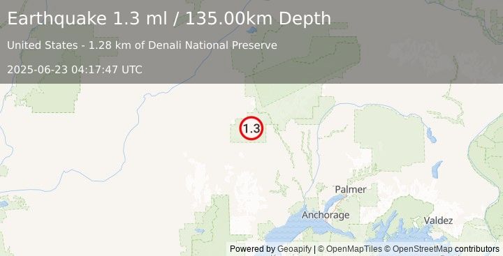 Earthquake 71 km NW of Skwentna, Alaska (1.3 ml) (2025-06-23 04:17:47 UTC)