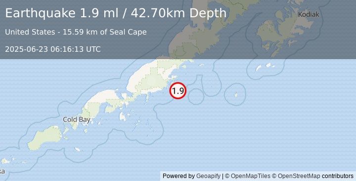 Earthquake 42 km SSE of Chignik, Alaska (1.9 ml) (2025-06-23 06:16:13 UTC)