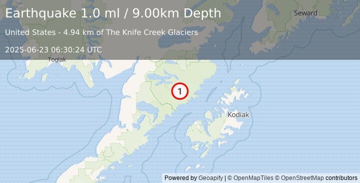 Earthquake 89 km NNW of Karluk, Alaska (1.0 ml) (2025-06-23 06:30:24 UTC)