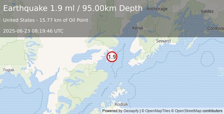 Earthquake 65 km ESE of Pedro Bay, Alaska (1.9 ml) (2025-06-23 08:19:46 UTC)