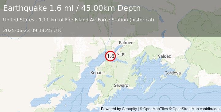Earthquake 18 km WSW of Anchorage, Alaska (1.6 ml) (2025-06-23 09:14:45 UTC)