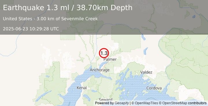 Earthquake 19 km WNW of Fishhook, Alaska (1.3 ml) (2025-06-23 10:29:28 UTC)