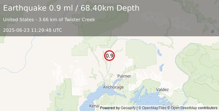 Earthquake 3 km ESE of Trapper Creek, Alaska (0.9 ml) (2025-06-23 11:29:48 UTC)