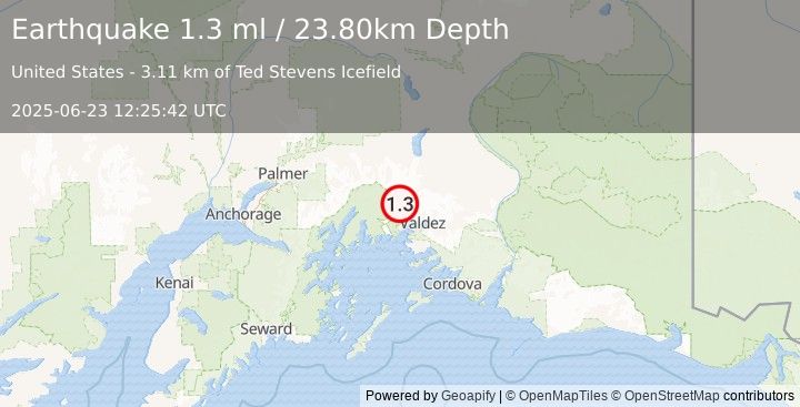 Earthquake 31 km NW of Valdez, Alaska (1.3 ml) (2025-06-23 12:25:42 UTC)