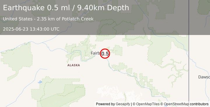 Earthquake 7 km NNE of North Pole, Alaska (0.5 ml) (2025-06-23 13:43:00 UTC)