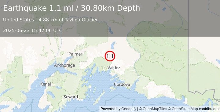 Earthquake 46 km NNW of Valdez, Alaska (1.1 ml) (2025-06-23 15:47:06 UTC)