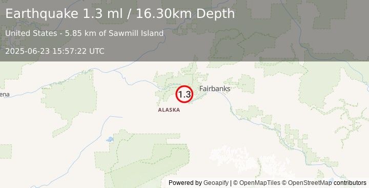 Earthquake 15 km NNE of Four Mile Road, Alaska (1.3 ml) (2025-06-23 15:57:22 UTC)