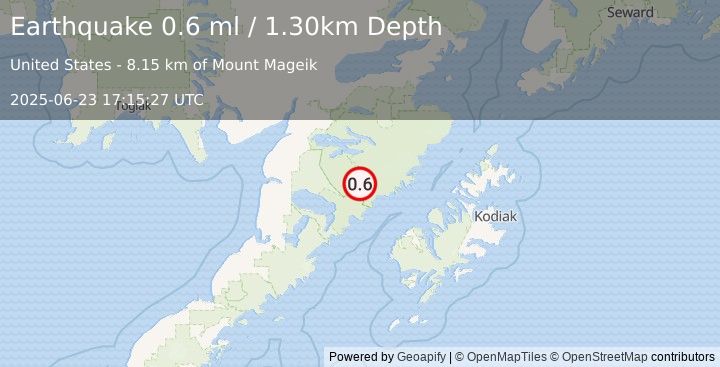 Earthquake 86 km NW of Karluk, Alaska (0.6 ml) (2025-06-23 17:15:27 UTC)