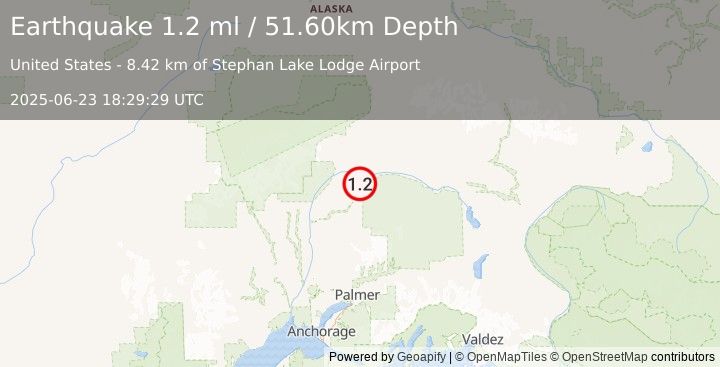 Earthquake 62 km ENE of Chase, Alaska (1.2 ml) (2025-06-23 18:29:29 UTC)